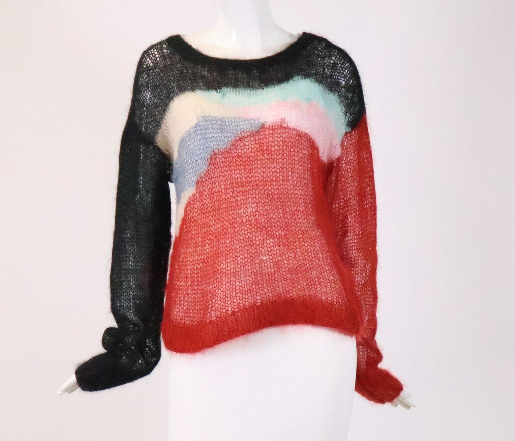 (L) Red and Black Open Knit Mohair Sweater