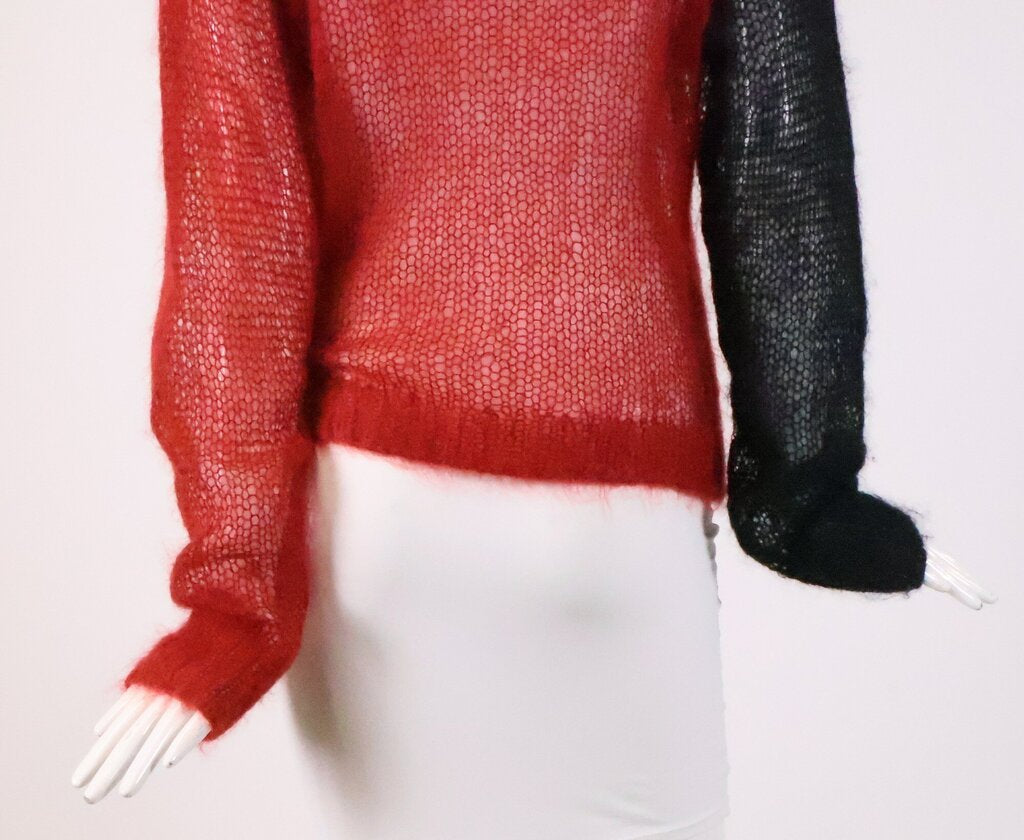 (L) Red and Black Open Knit Mohair Sweater
