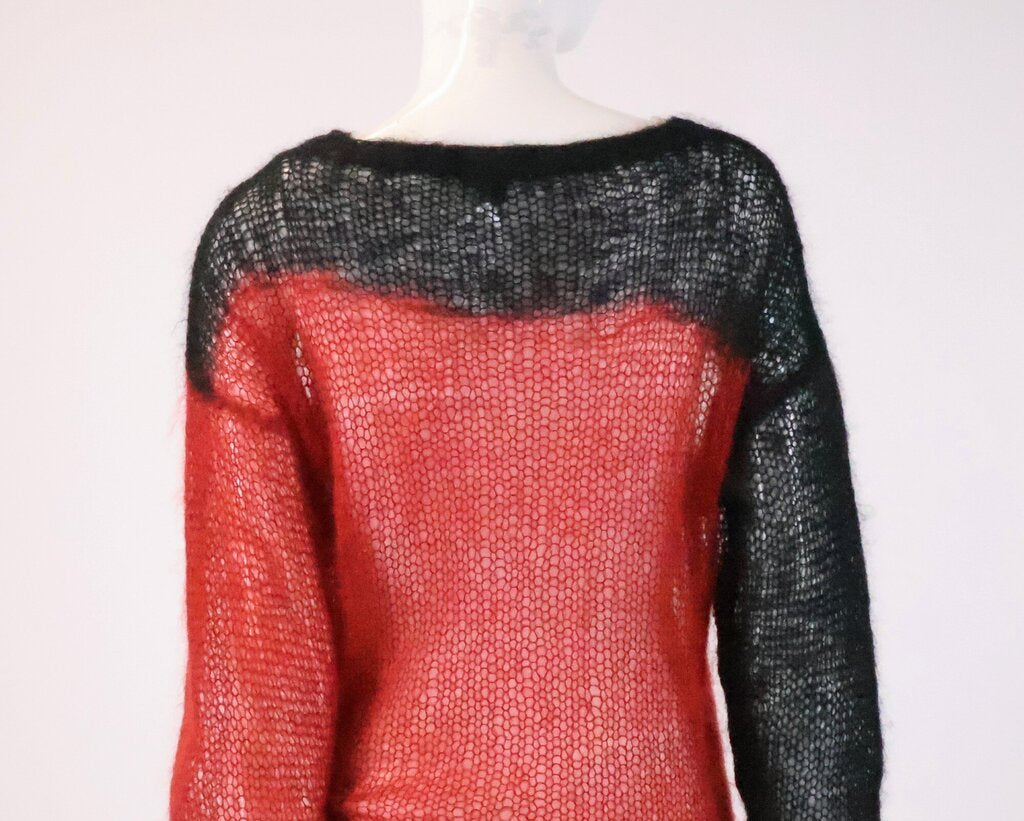 (L) Red and Black Open Knit Mohair Sweater