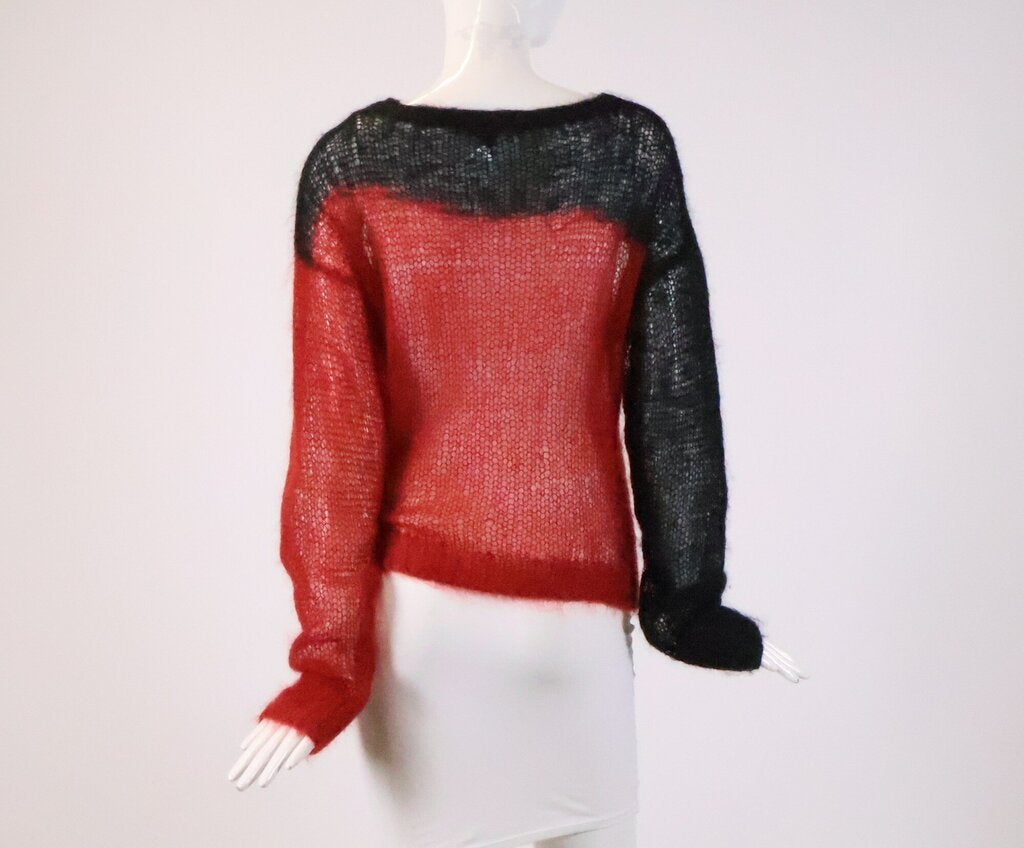 (L) Red and Black Open Knit Mohair Sweater