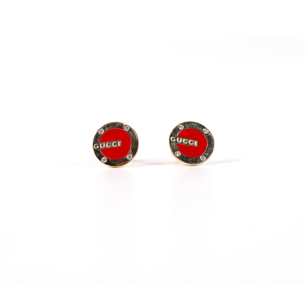 Gold Tone and Red Enamel Button Earrings