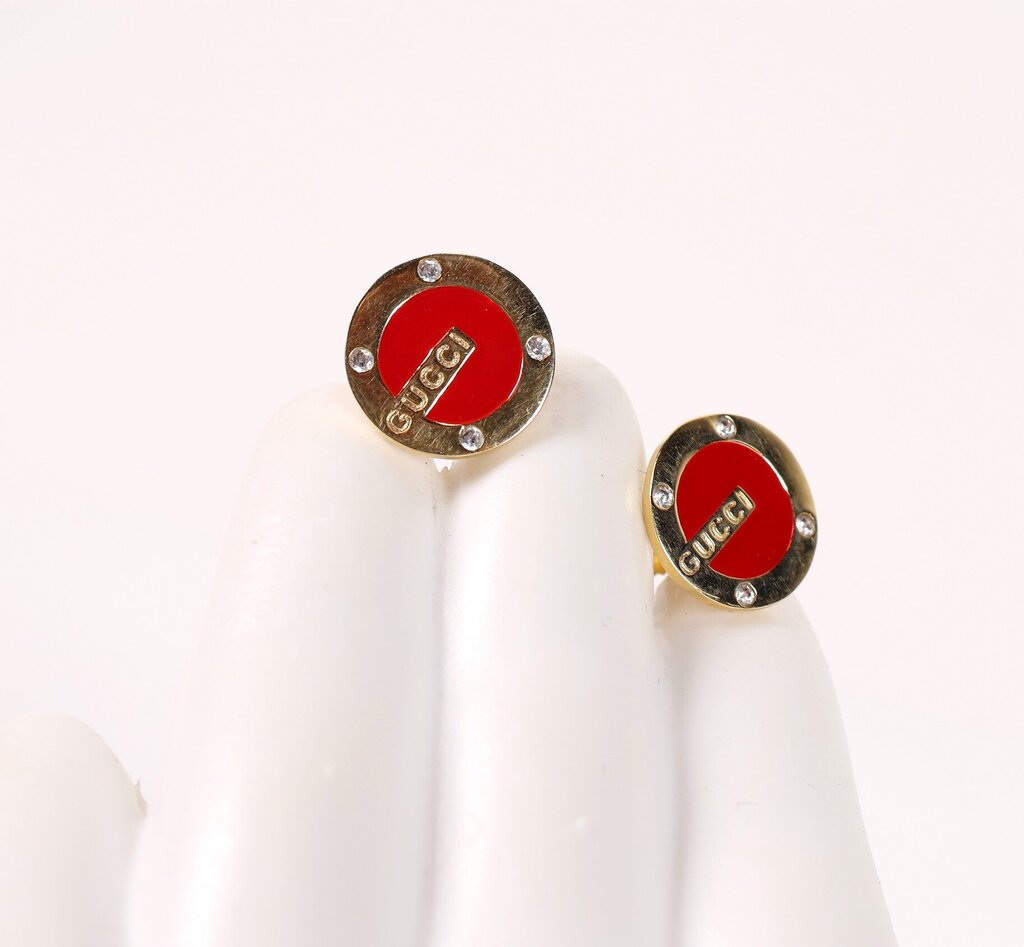 Gold Tone and Red Enamel Button Earrings