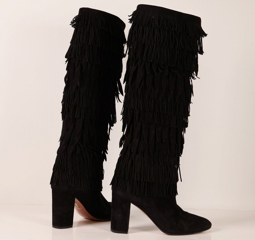 (40/10) Black Suede Fringe Boots