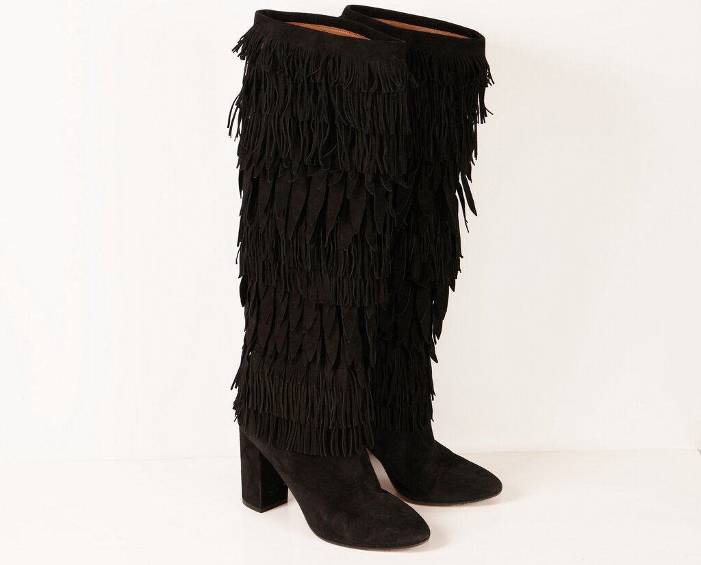 (40/10) Black Suede Fringe Boots