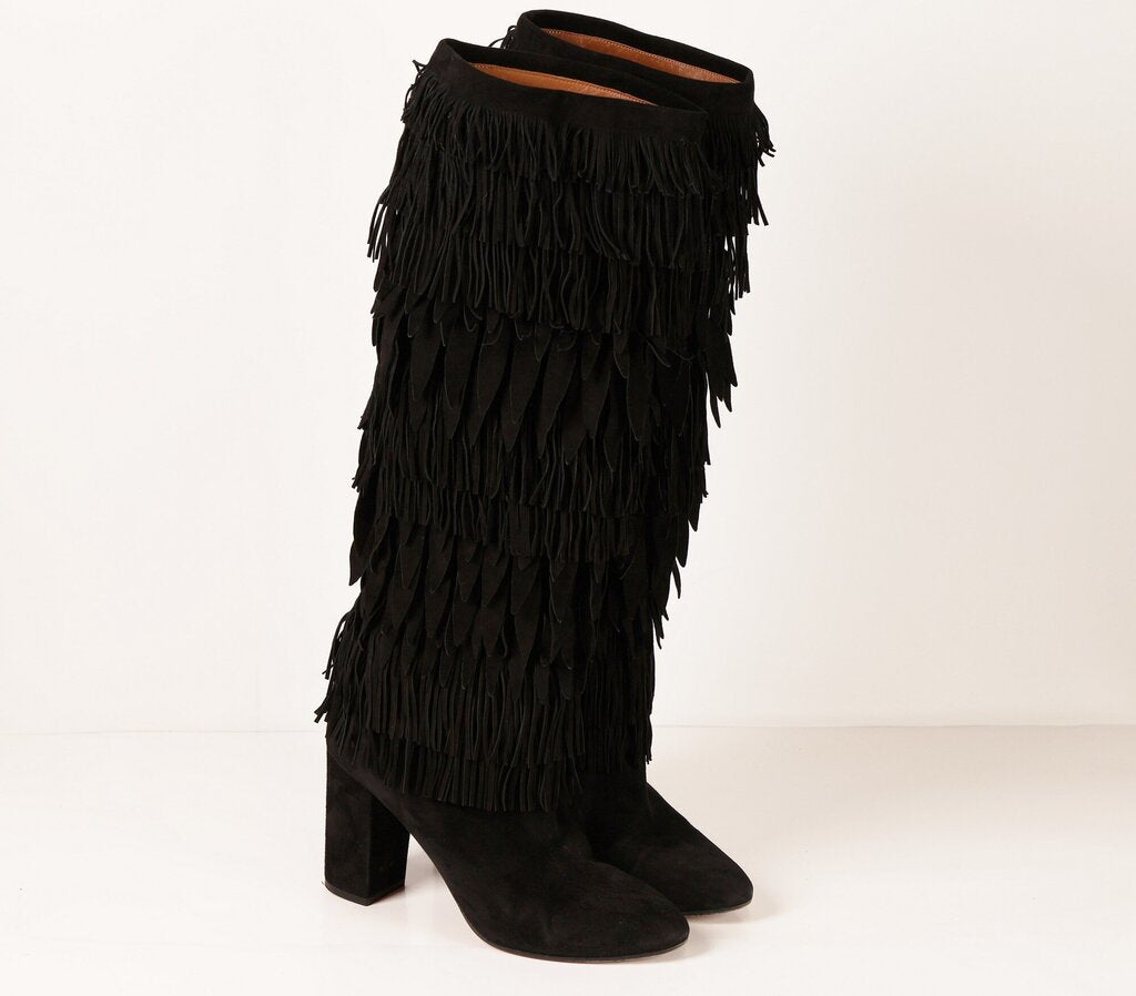 (40/10) Black Suede Fringe Boots