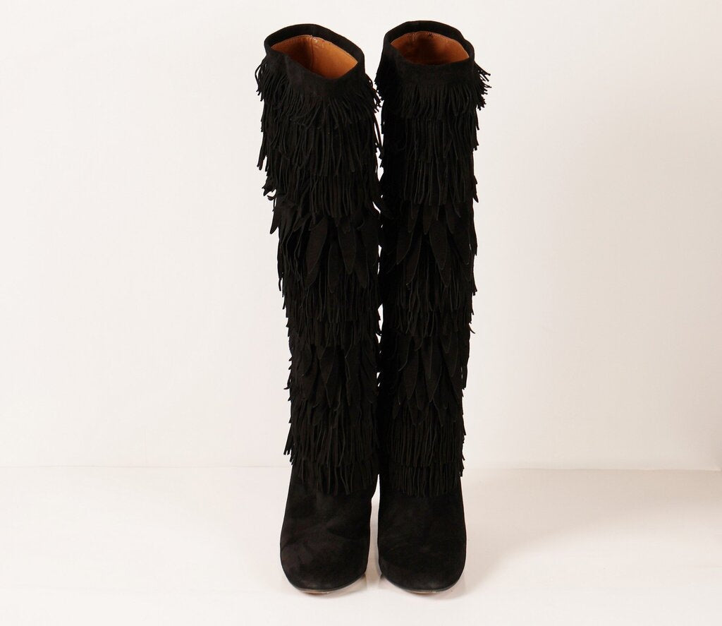 (40/10) Black Suede Fringe Boots