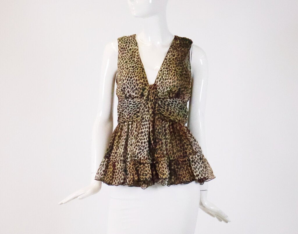 (6) Cheetah Print Ruffle Silk Blouse