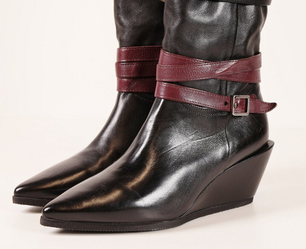 (40) black tall wedge buckle belt boots