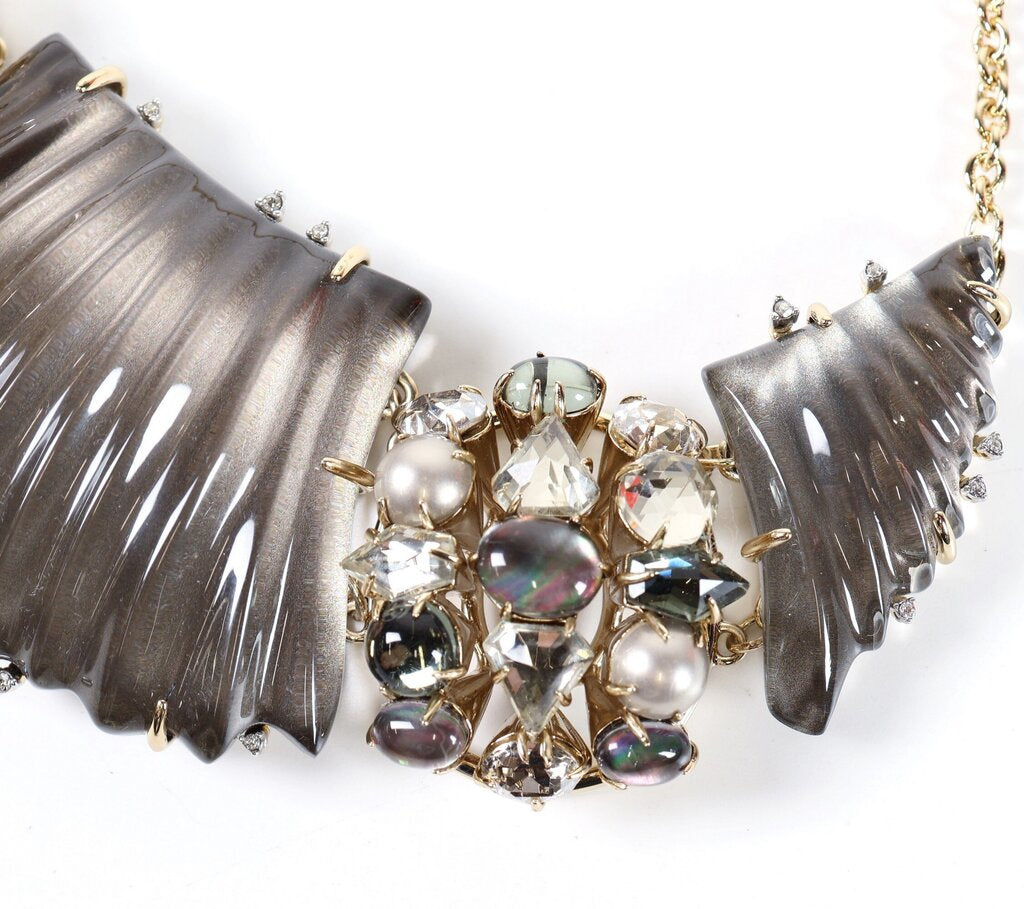 14K Gold Plate Mother of Pearl Lucite and Crystal Collar Necklace