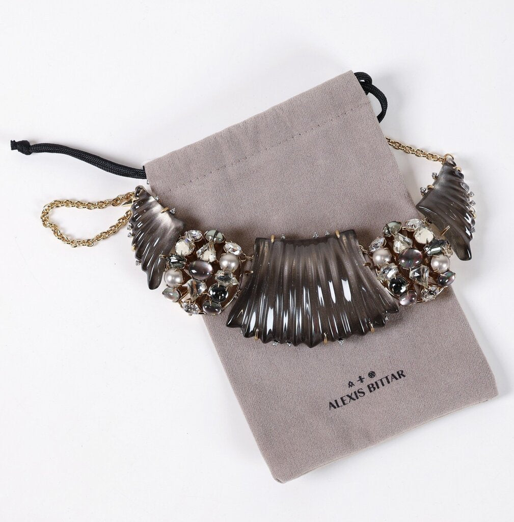 14K Gold Plate Mother of Pearl Lucite and Crystal Collar Necklace