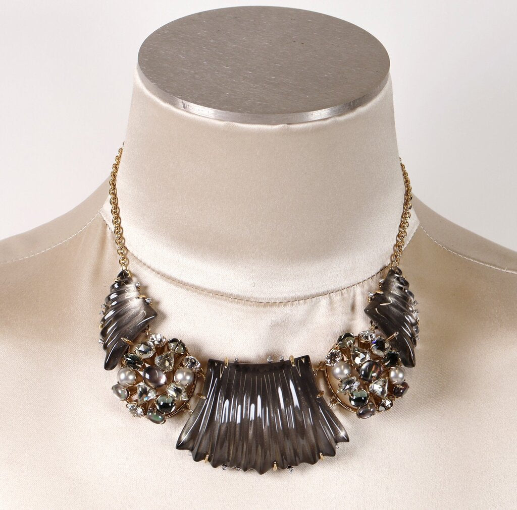 14K Gold Plate Mother of Pearl Lucite and Crystal Collar Necklace