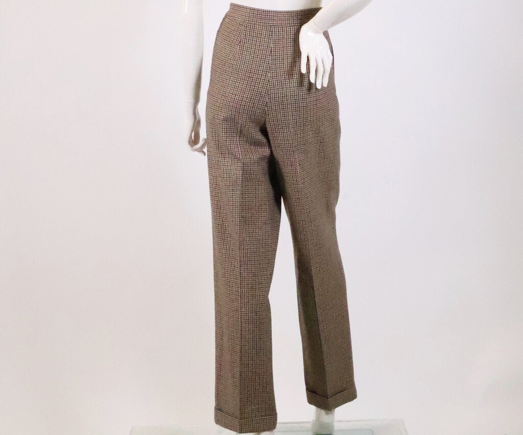 (8) Brown/orange/green houndstooth trousers w cuffed hem