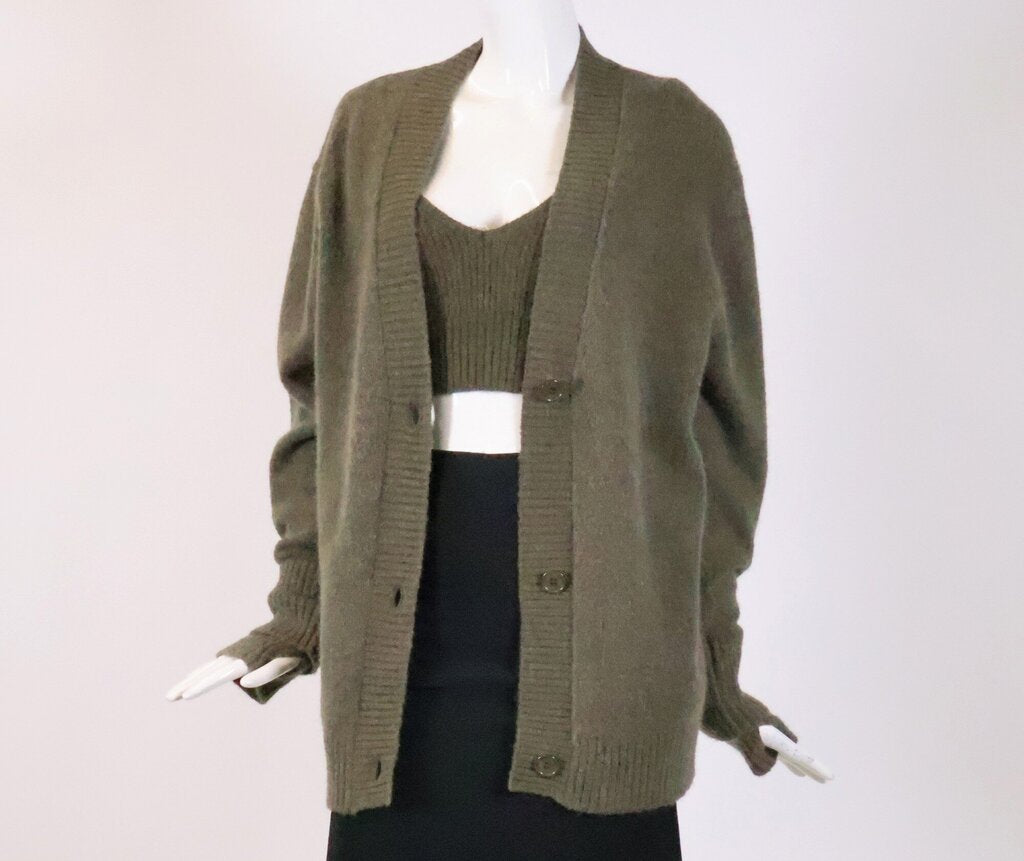 (S) Olive Green Knit Scarf and Tops Set