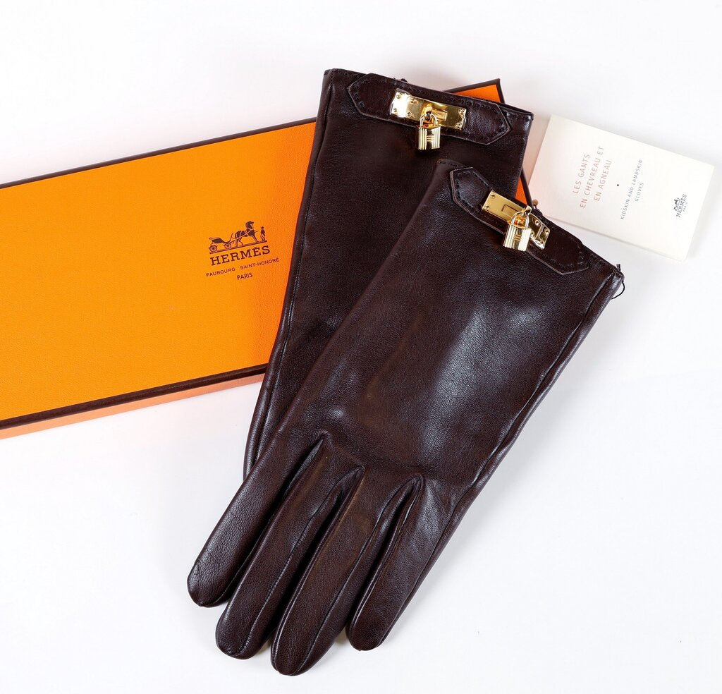 Brown Leather Gloves with Locks