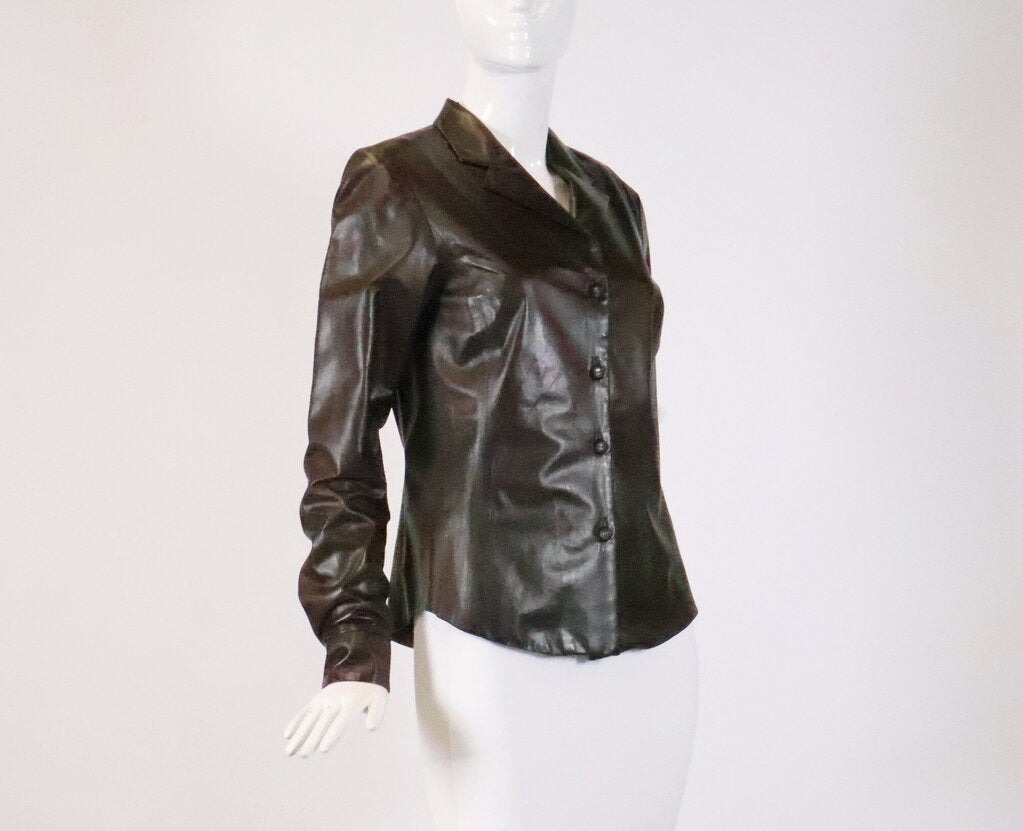 (S) Brown Leather Fitted Jacket
