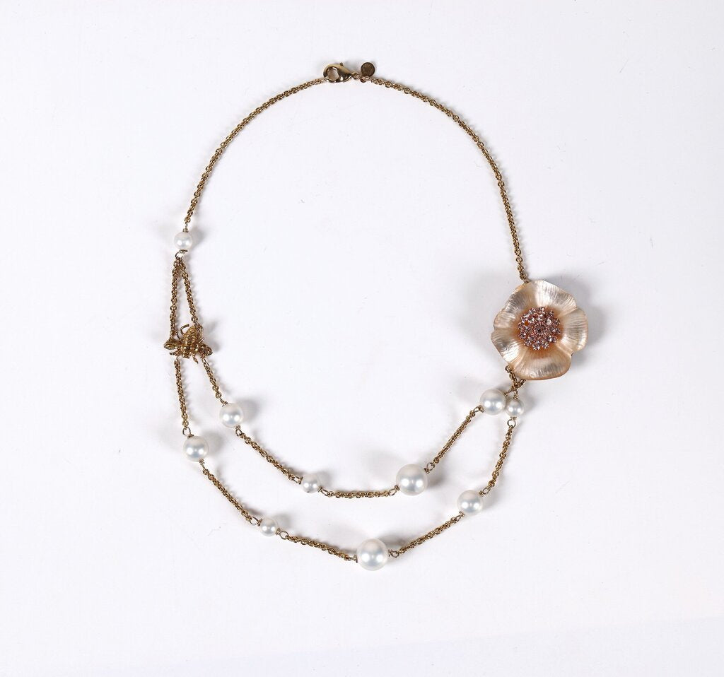 Champagne Lucite Pansy and Pearl Necklace