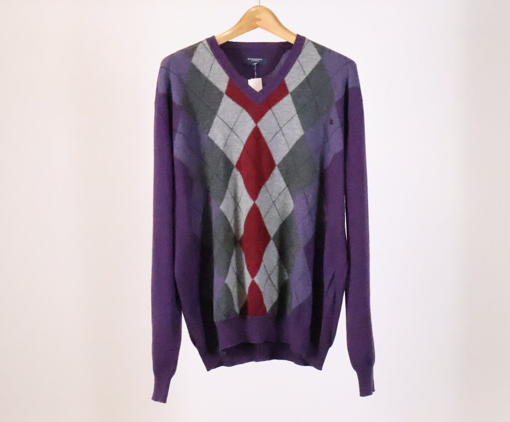 Men's Purple, Red, and Grey Argyle Sweater (M)