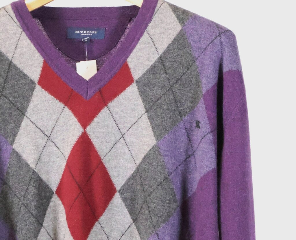 Men's Purple, Red, and Grey Argyle Sweater (M)