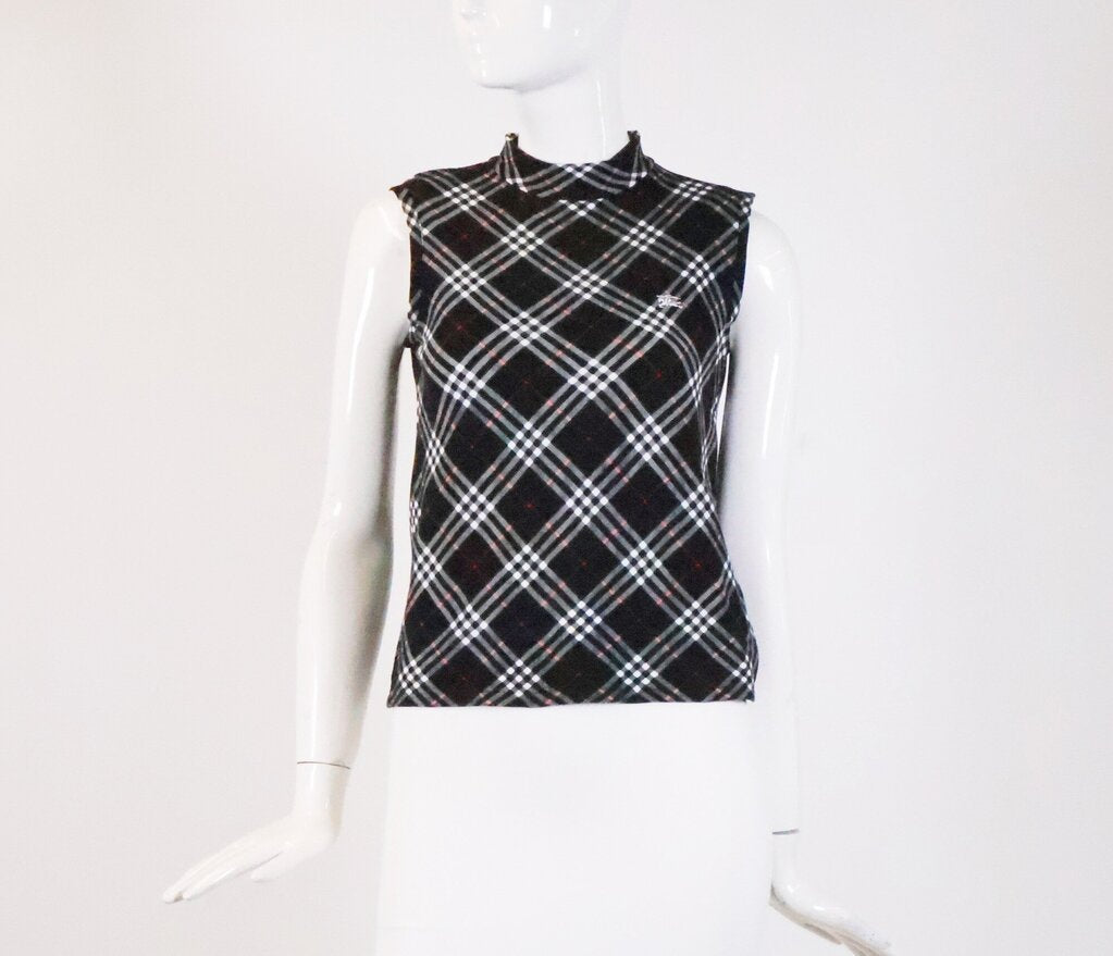 Black Plaid Mock Neck Sleeveless Top (S)
