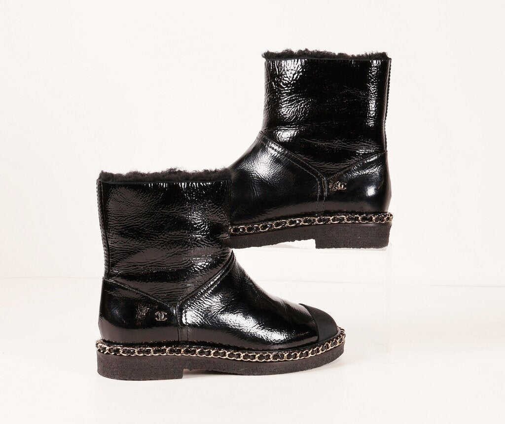 (5/35) Black Patent Shearling Booties