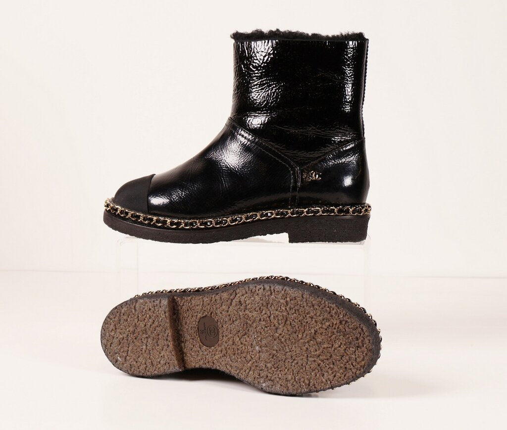 (5/35) Black Patent Shearling Booties