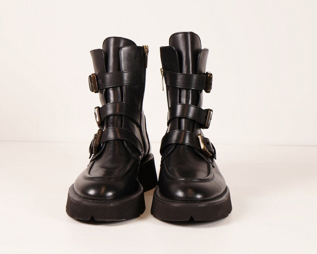 Black Leather Boots with Three Straps (7.5)