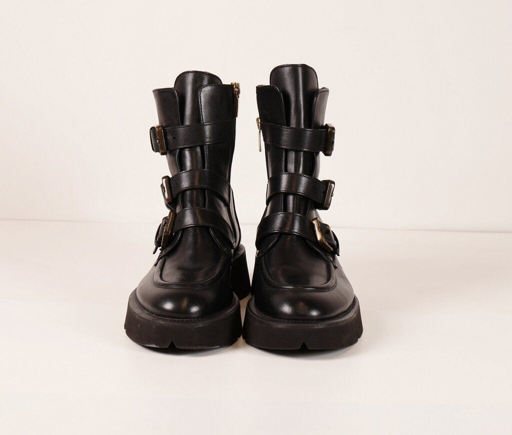 Black Leather Boots with Three Straps (7.5)