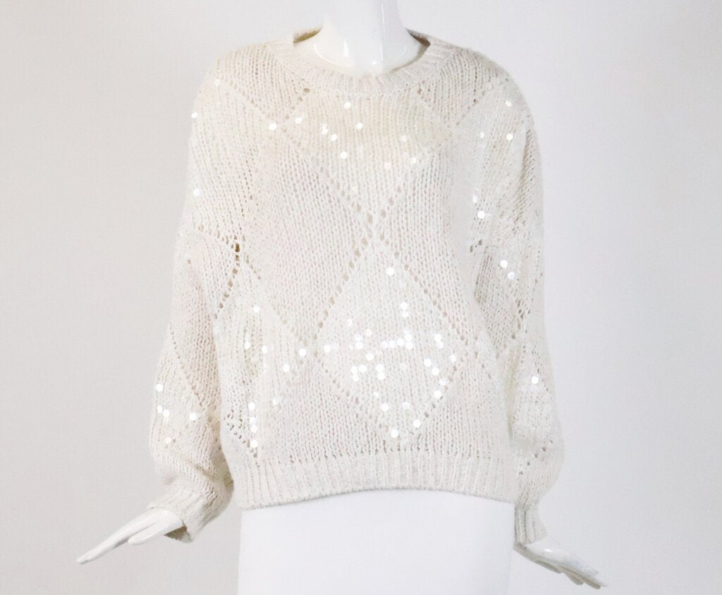 Cream Sequin Diamond Knit Pattern Sweater (M)