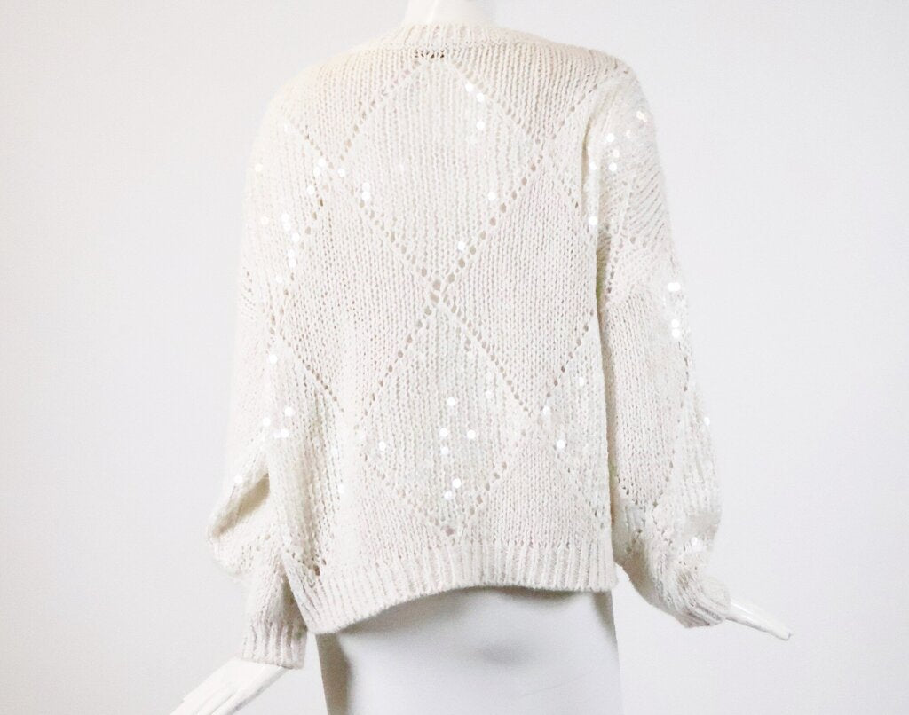 Cream Sequin Diamond Knit Pattern Sweater (M)