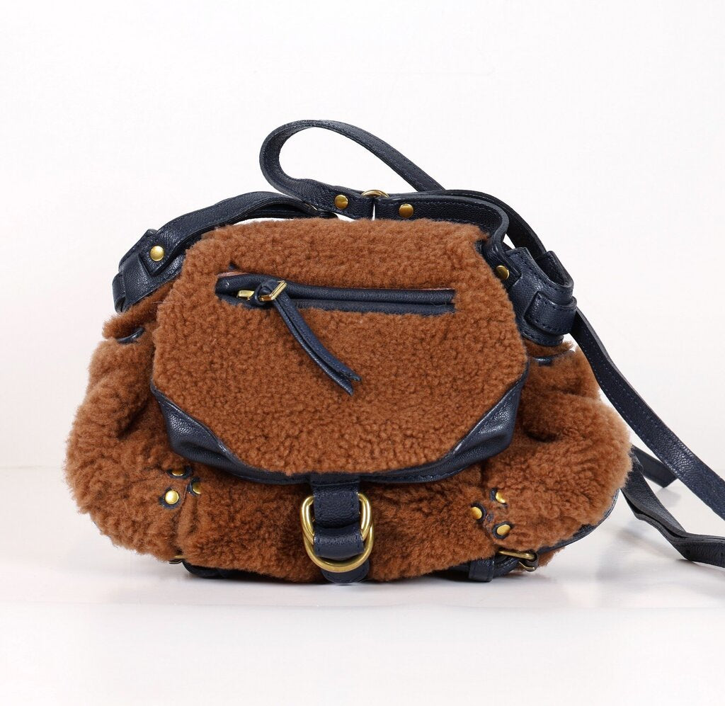 'Twee Mini' Brown Teddy and Navy Leather Crossbody