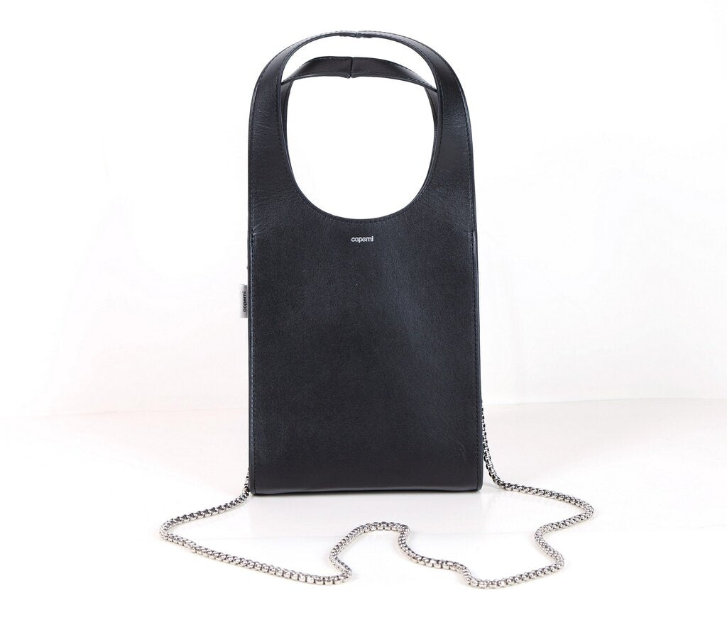Black leather mini rectangle bag with silver crossbody strap