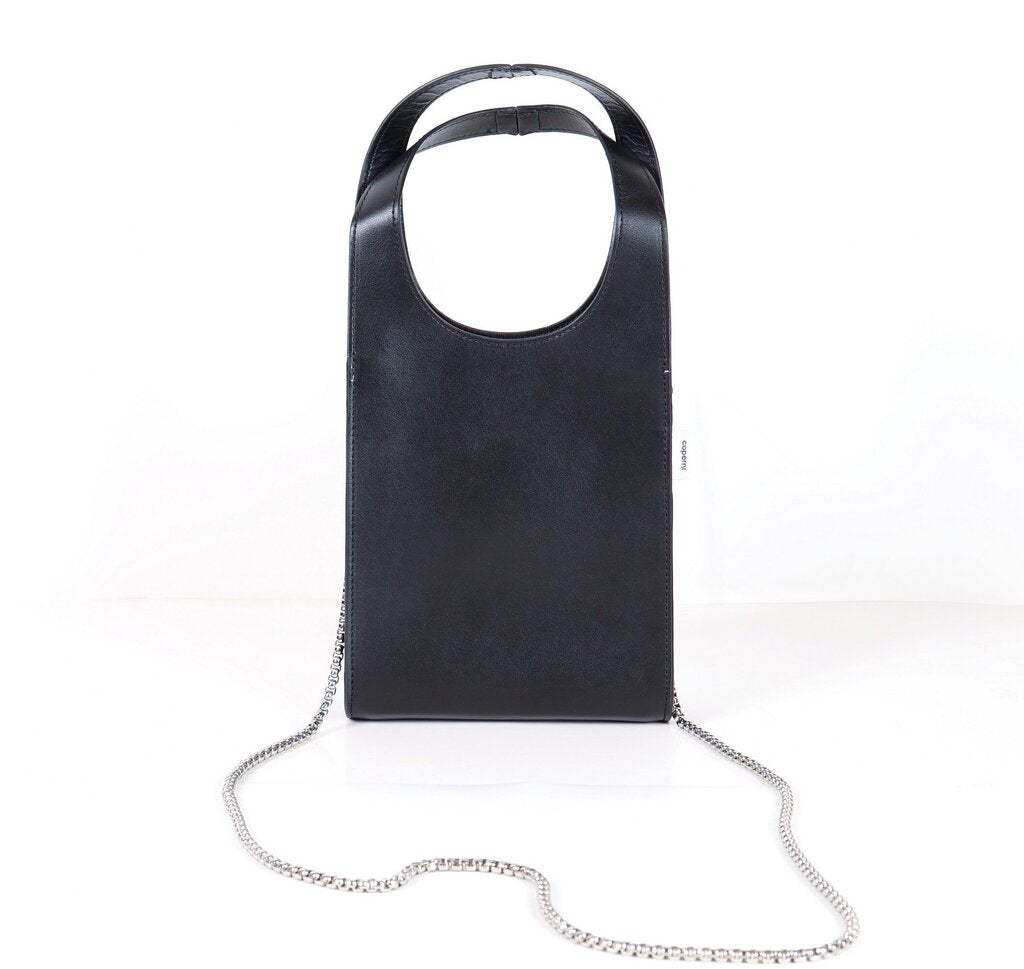Black leather mini rectangle bag with silver crossbody strap