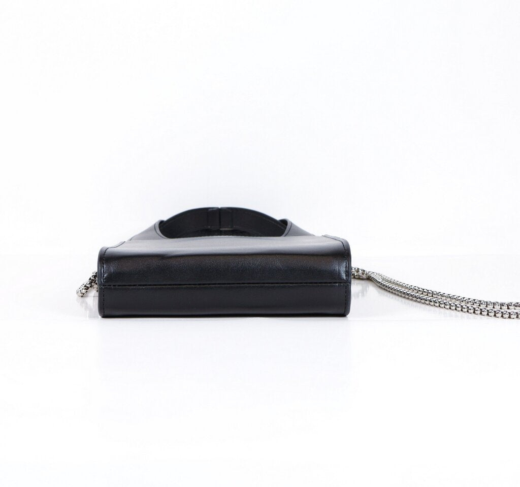 Black leather mini rectangle bag with silver crossbody strap