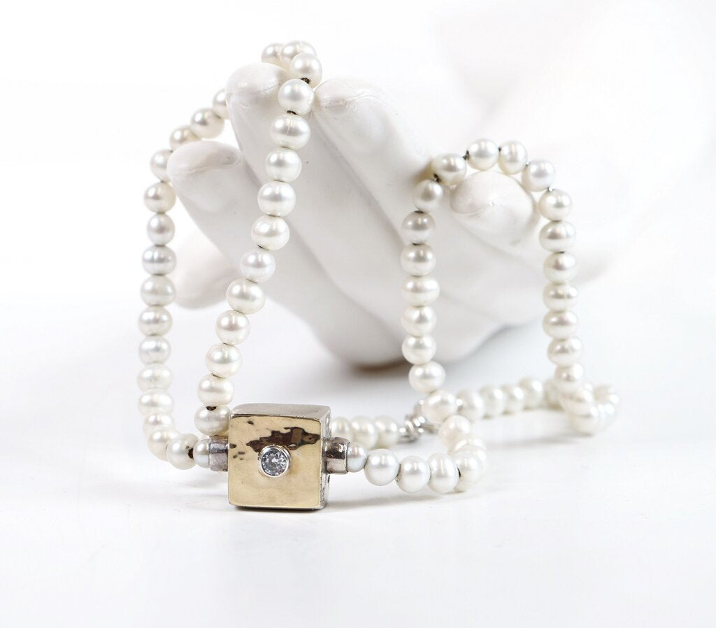 Sterling and Pearl Cube Pendant Necklace