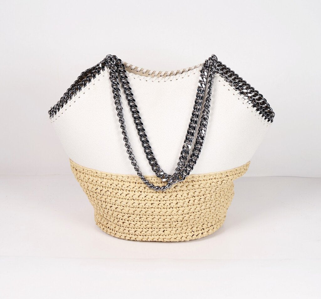 Raffia White Bucket Chain Tote