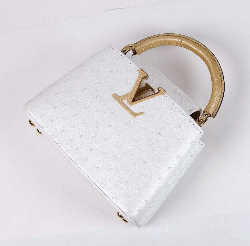 Gold Leather and White Ostrich Mini Capucine