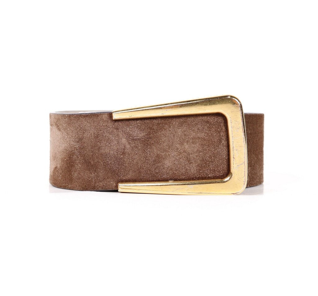 (M) Brown Suede Belt with Gold Buckle