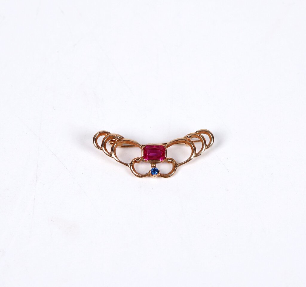 14K Gold Sapphire and Ruby Filigree Pin