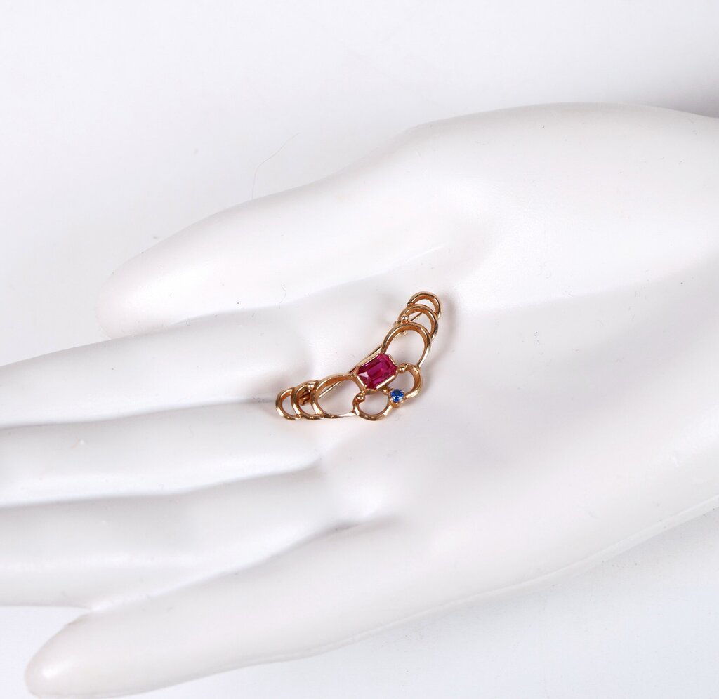 14K Gold Sapphire and Ruby Filigree Pin