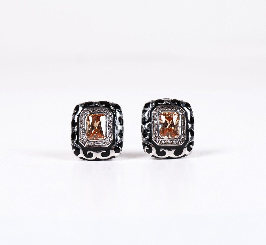 Sterling and Citrine Black Enamel Scroll Earrings