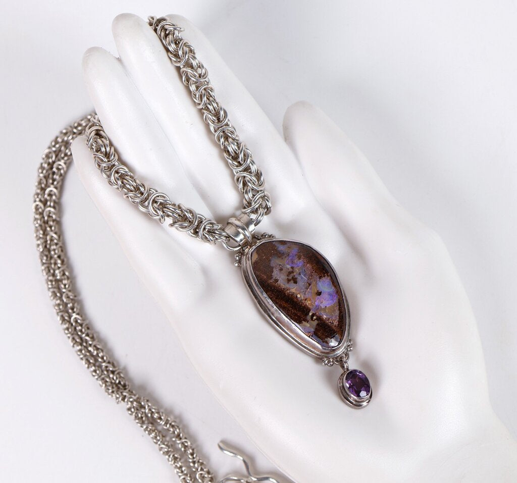 Sterling Boulder Opal and Amethyst Pendant