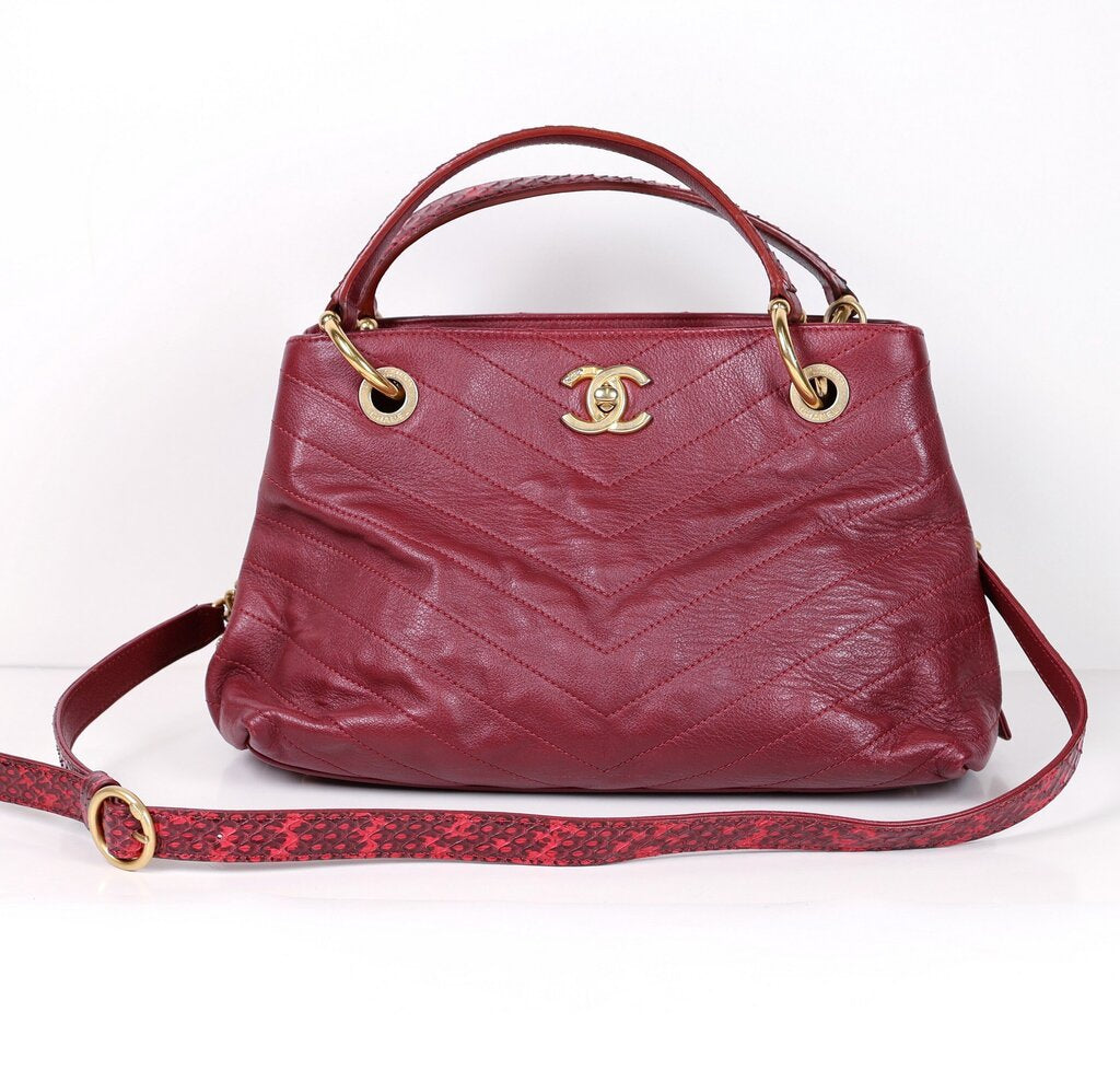 Burgundy Calfskin Small Chevron Chic Shopping Tote