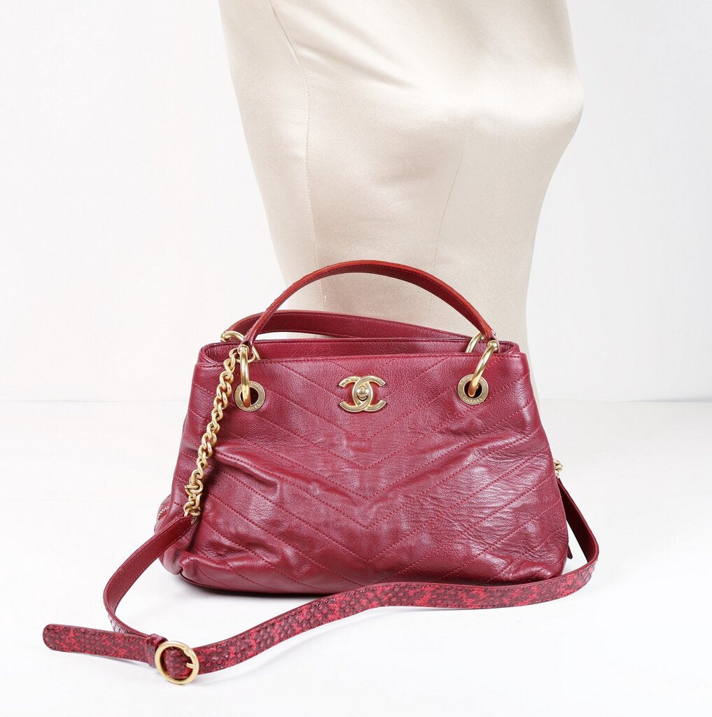 Burgundy Calfskin Small Chevron Chic Shopping Tote