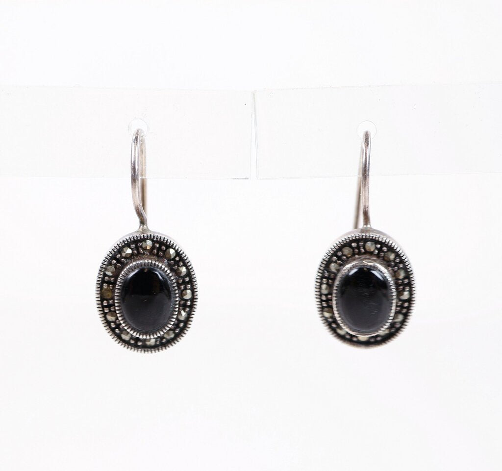 Sterling Onyx and Marcasite Deco Earrings
