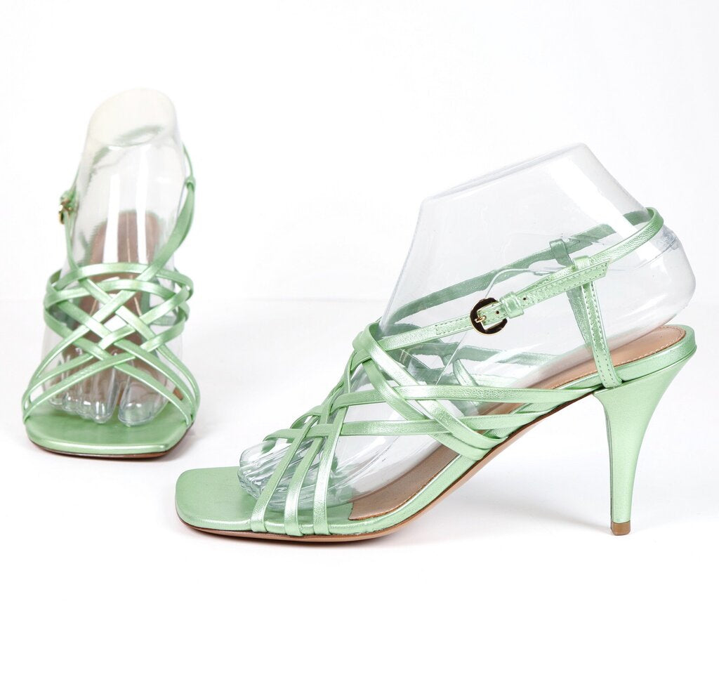 (38.5/8.5) Green Leather Heeled Sandal