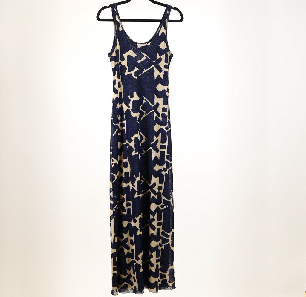Navy and Beige Abstract Print Maxi Slip Dress (L)