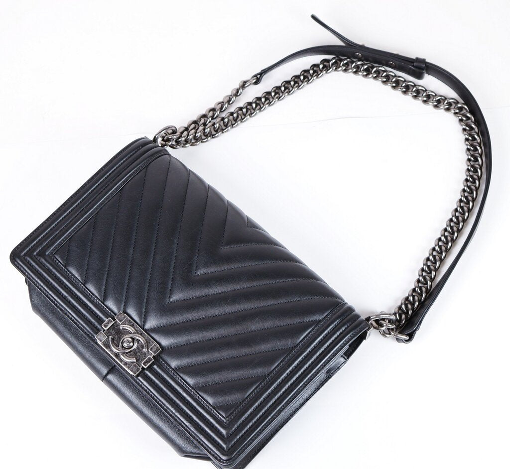 Black Lambskin Chevron Leather Boy Bag