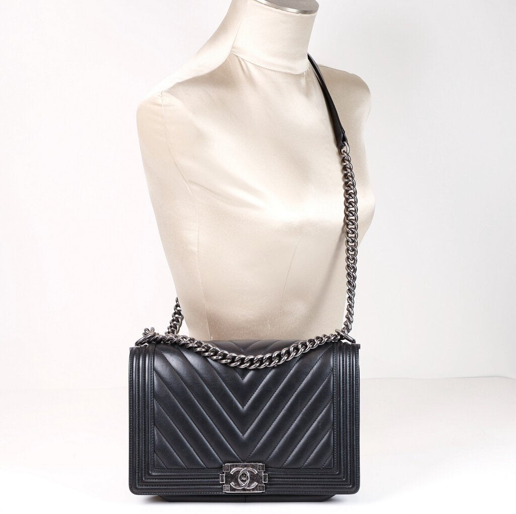 Black Lambskin Chevron Leather Boy Bag