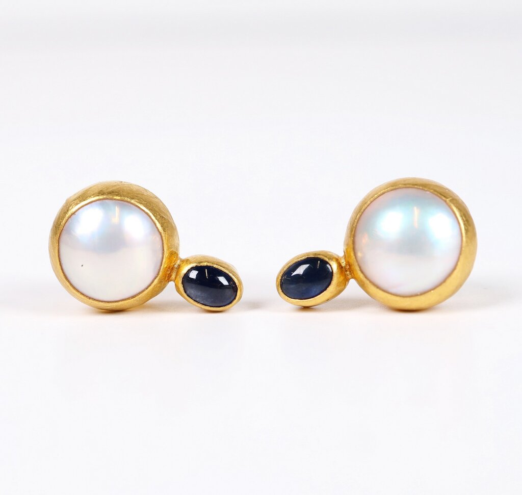 'Amulet Hue' 24K Gold Pearl and Blue Sapphire Earrings
