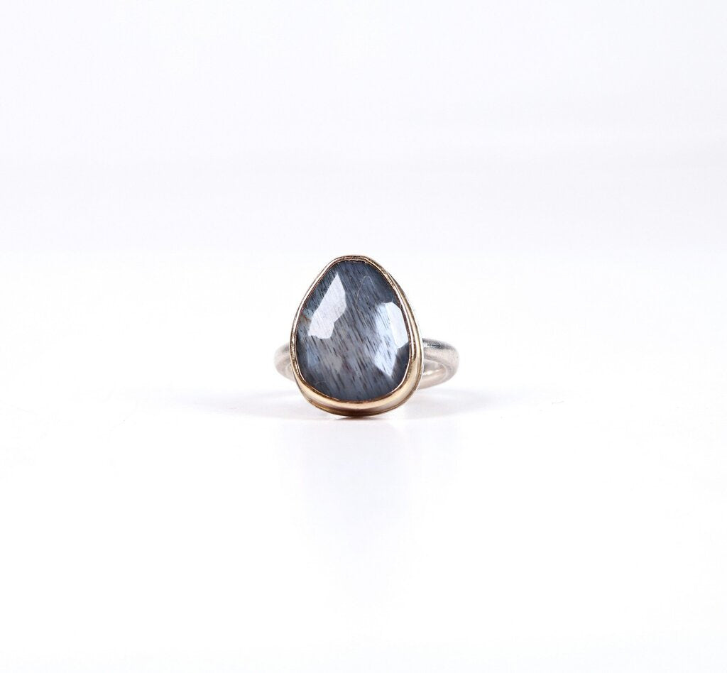Sterling 14K and Moss Aquamarine Ring (7.25)